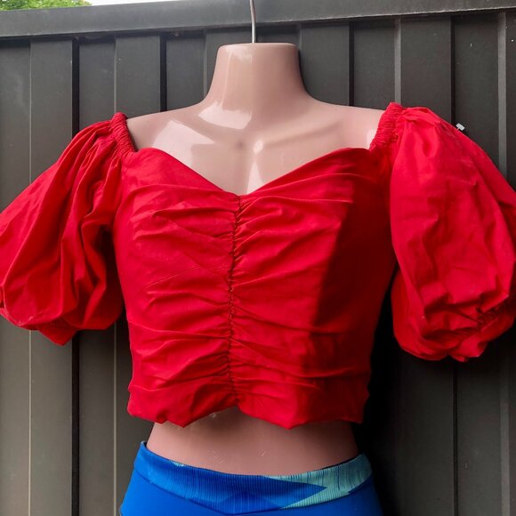 NWT Mango Red Puff Sleeve Ruched Crop Top – Size S – Organic Cotton - Picture 1 of 8